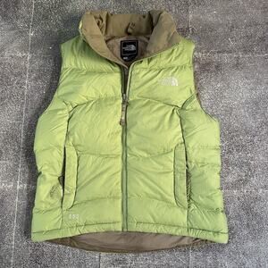 Women's Vintage Y2K The North Face Green Tan 550 Down Nuptse Puffer Vest Sz S